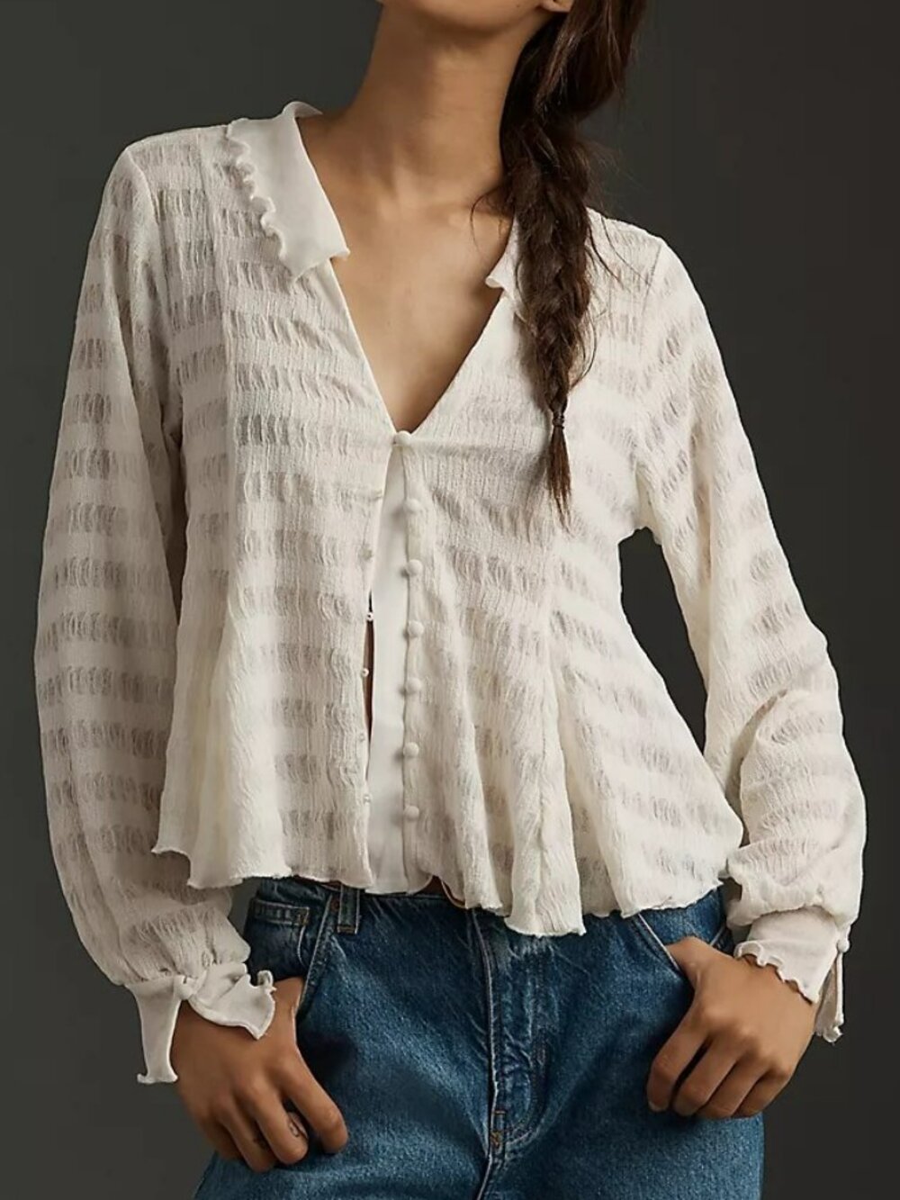 By Anthropologie Long-Sleeve Button-Front Textured Blouse